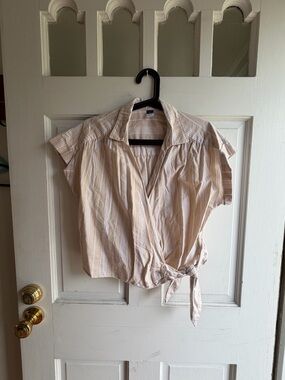 Old Navy Cream and Beige Striped Tie-Front Blouse